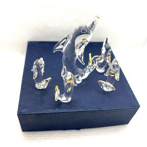 Vintage Glass Dolphin Figurine Set of 5 with Gold Accents